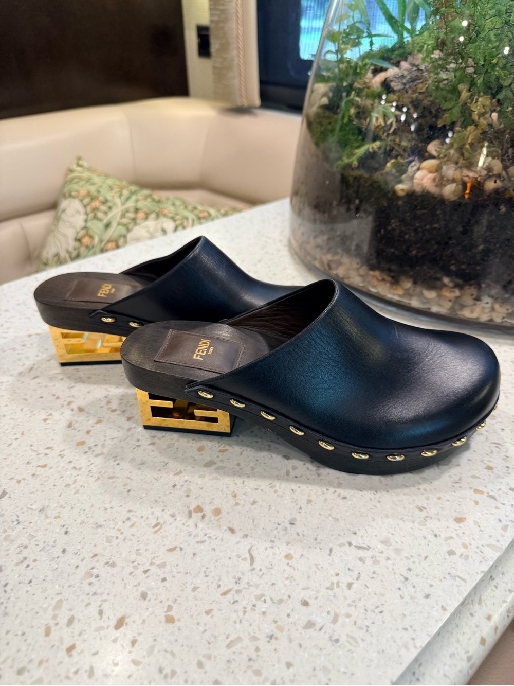 Fendi Black Leather Clog Mules with Gold Logo Heel
